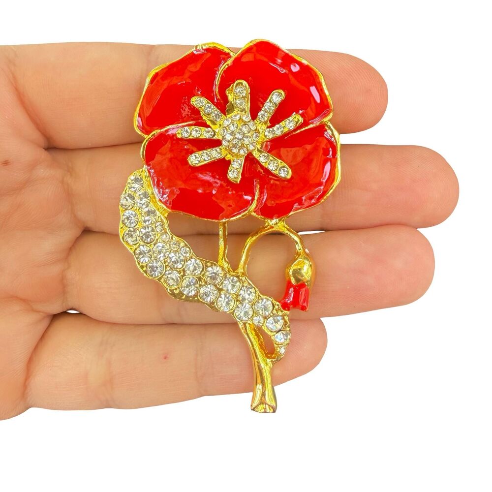 Vintage Jewelry Red Enamel Flower Brooch Floral Pin